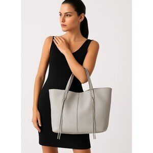 Rebecca Mincoff Large Gray Leather Tote Bag – Textured Pebbled Design, Everyday
